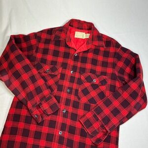 Sears Fieldmaster Quilted Lined Flannel Shirt Plaid Red Black Mens M 15-15.5